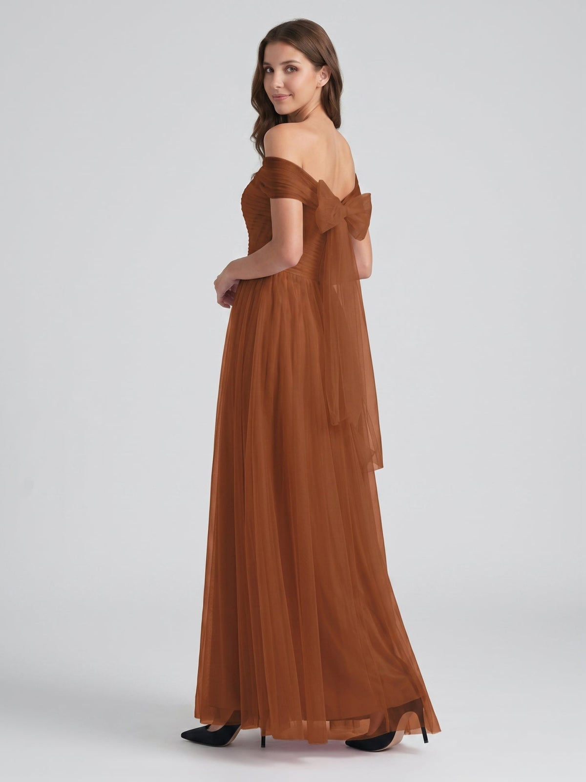Terracotta Tulle A-Line Off-the-Shoulder Backless Floor-Length Bridesmaid Dress with Bow - Curvevia