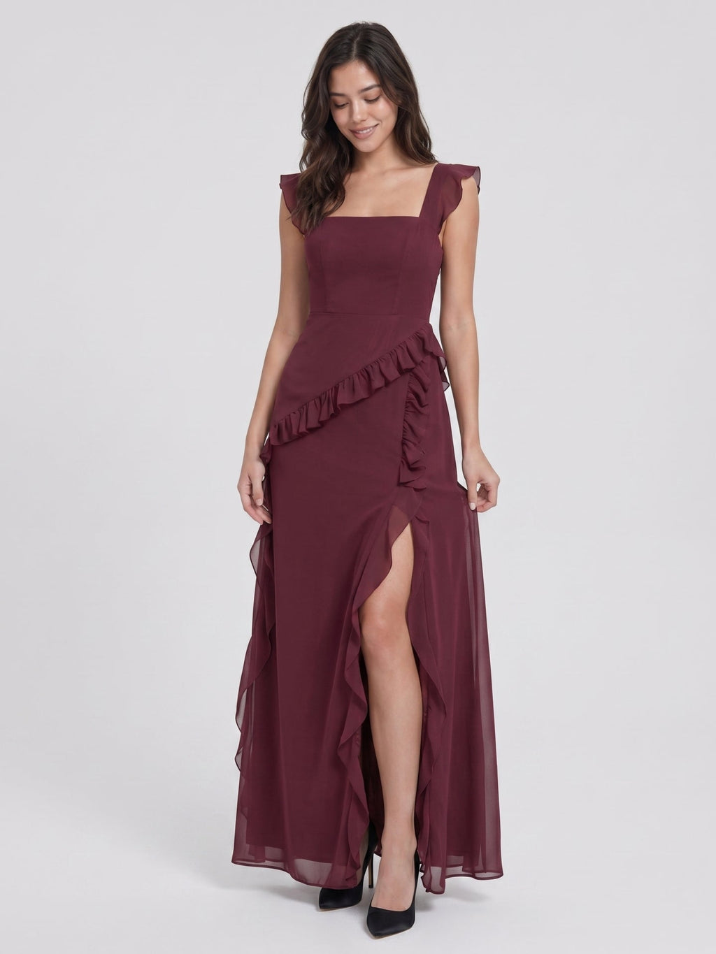 Elegant Cabernet Chiffon A-Line Square Neck Back Zip Ruffle Ankle-Length Bridesmaid Dress - Curvevia