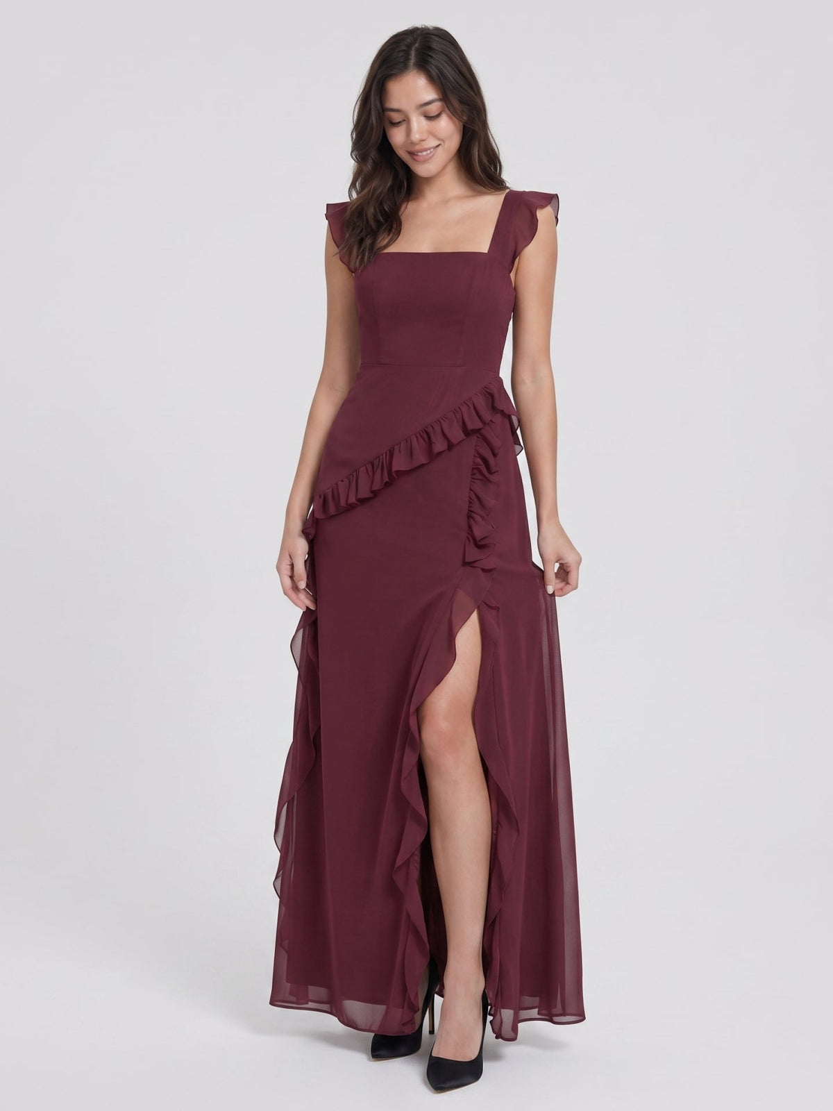Elegant Cabernet Chiffon A-Line Square Neck Back Zip Ruffle Ankle-Length Bridesmaid Dress - Curvevia