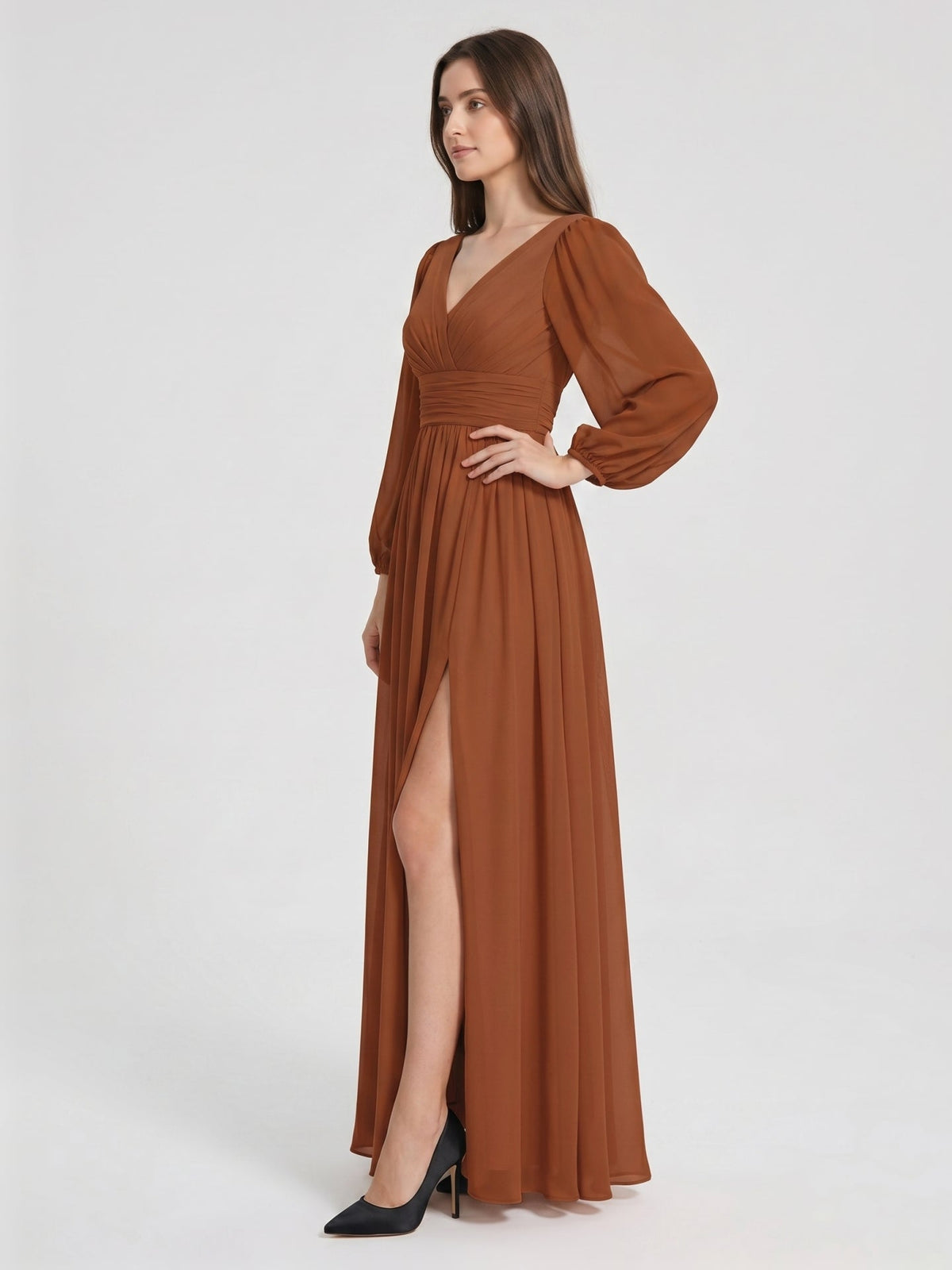 Terracotta Chiffon A-Line V-Neck V-Back Ankle-Length Pleated Bridesmaid Dress - Curvevia