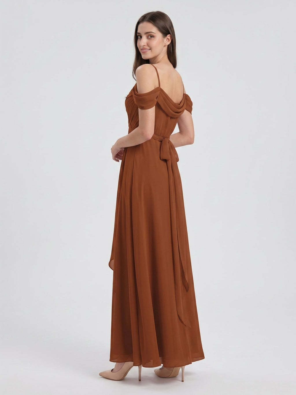 Terracotta Chiffon A-Line Off-the-Shoulder Backless Floor-Length Pleated Bridesmaid Dress - Curvevia