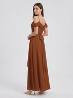 Terracotta Chiffon A-Line Off-the-Shoulder Backless Floor-Length Pleated Bridesmaid Dress - Curvevia
