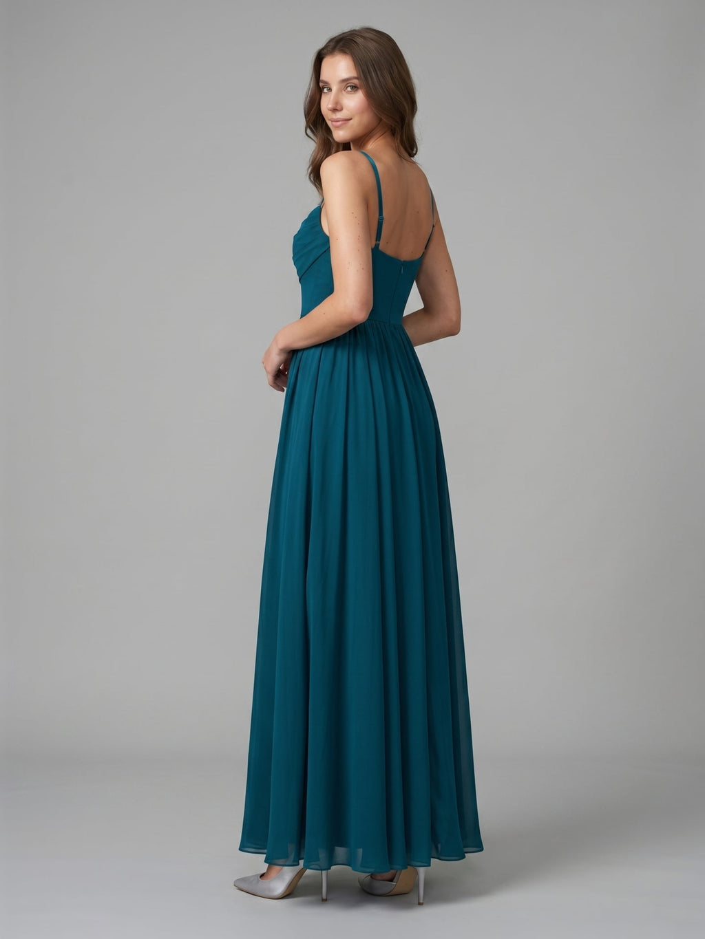Teal Chiffon A-Line Cowl Neck Backless Floor-Length Pleated Bridesmaid Dress - Curvevia