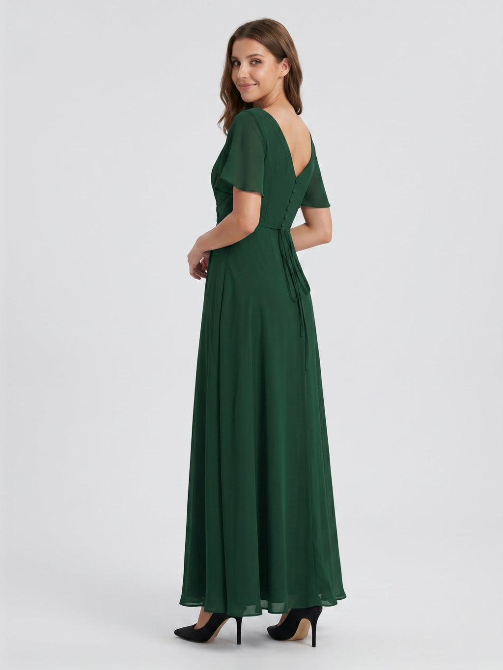 Forest Green Chiffon A-Line V-Neck V-Back Floor-Length Bridesmaid Dress - Curvevia