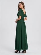 Forest Green Chiffon A-Line V-Neck V-Back Floor-Length Bridesmaid Dress - Curvevia
