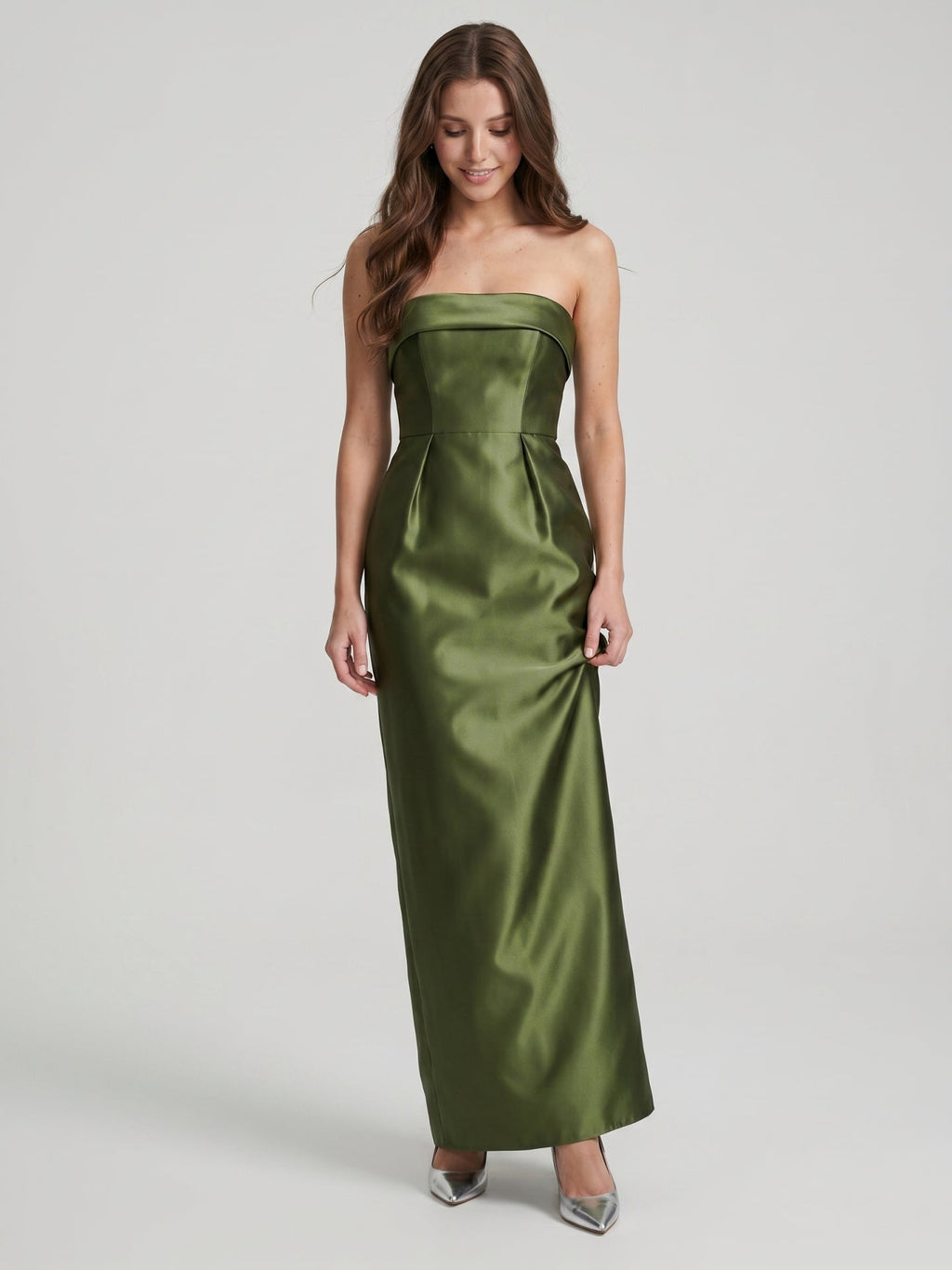 Olive Green Satin Sheath Off-the-Shoulder Backless Floor-Length Bridesmaid Dress - Curvevia