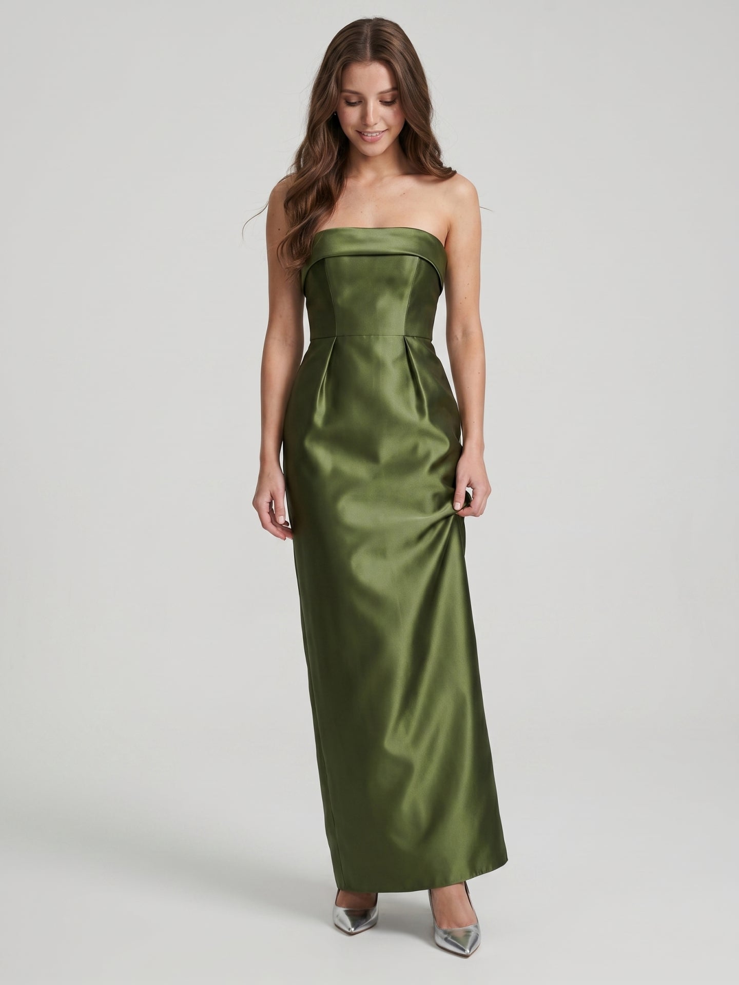 Olive Green Satin Sheath Off-the-Shoulder Backless Floor-Length Bridesmaid Dress - Curvevia