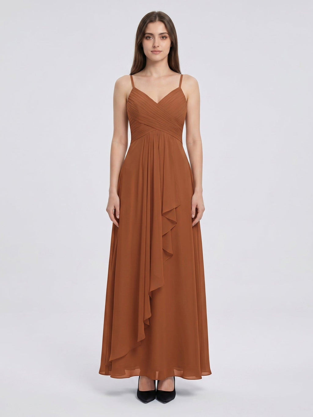 Terracotta Chiffon A-Line V-Neck Backless Floor-Length Pleated Bridesmaid Dress - Curvevia