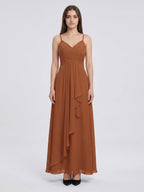 Terracotta Chiffon A-Line V-Neck Backless Floor-Length Pleated Bridesmaid Dress - Curvevia