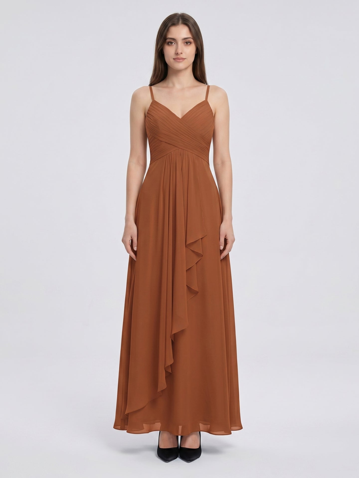 Terracotta Chiffon A-Line V-Neck Backless Floor-Length Pleated Bridesmaid Dress - Curvevia