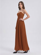 Terracotta Chiffon A-Line Off-the-Shoulder Back Zip Floor-Length Pleated Bridesmaid Dress - Curvevia