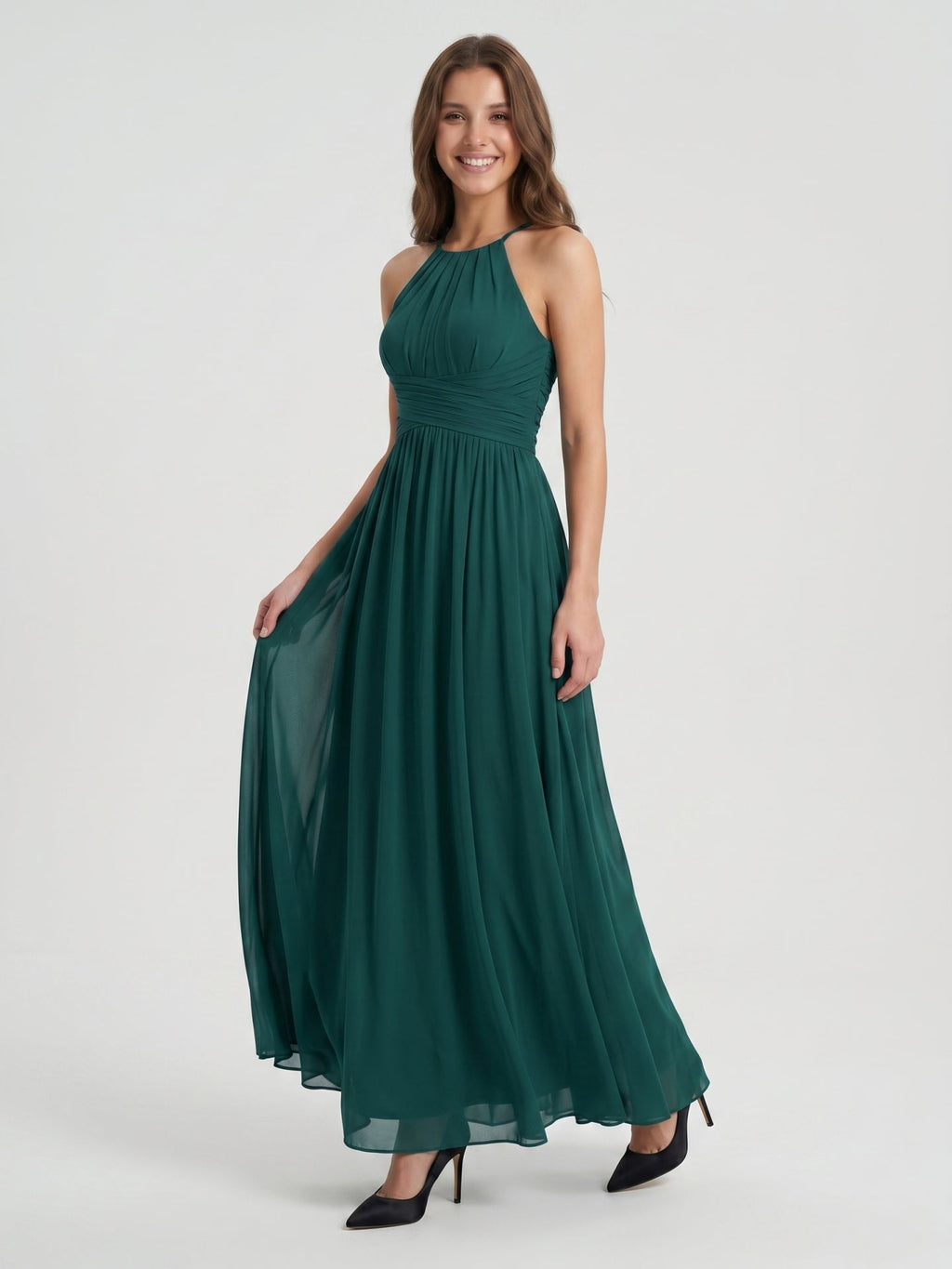 Peacock Chiffon A-Line Halter Criss-Cross Back Floor-Length Pleated Bridesmaid Dress - Curvevia