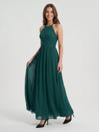 Peacock Chiffon A-Line Halter Criss-Cross Back Floor-Length Pleated Bridesmaid Dress - Curvevia