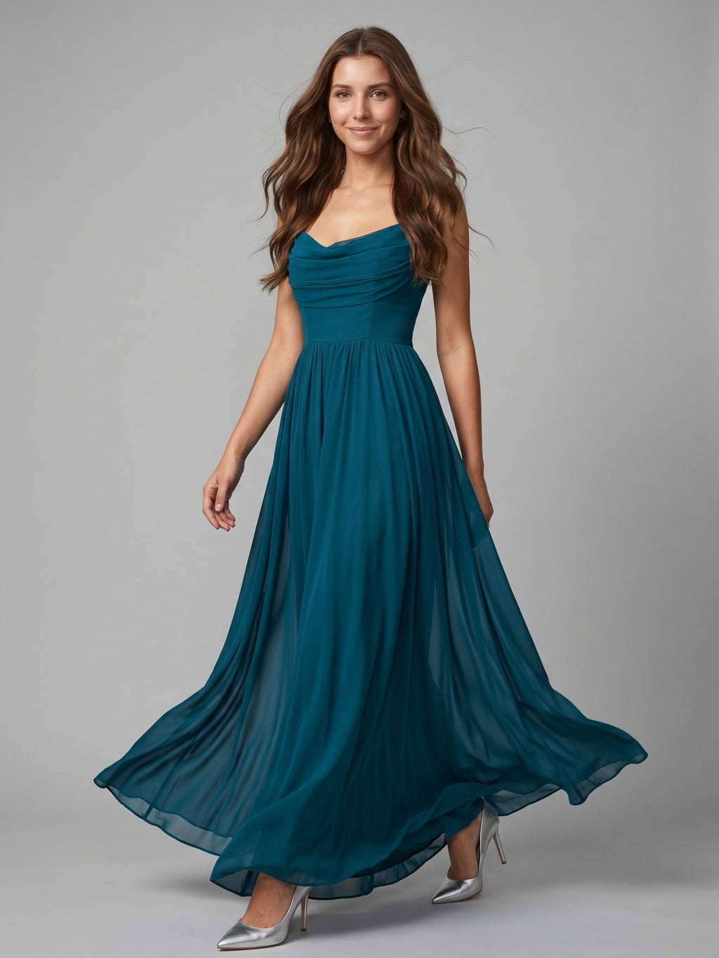 Teal Chiffon A-Line Cowl Neck Backless Floor-Length Pleated Bridesmaid Dress - Curvevia
