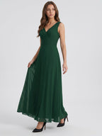 Forest Green Chiffon A-Line V-Neck Keyhole Back Floor-Length Pleated Bridesmaid Dress - Curvevia