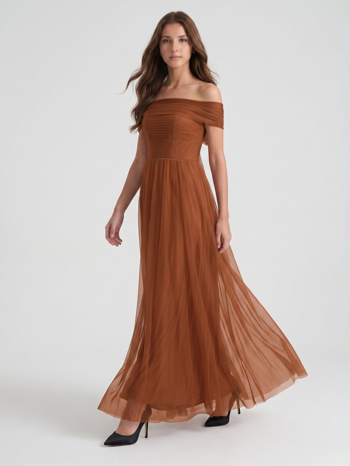 Terracotta Tulle A-Line Off-the-Shoulder Backless Floor-Length Bridesmaid Dress with Bow - Curvevia