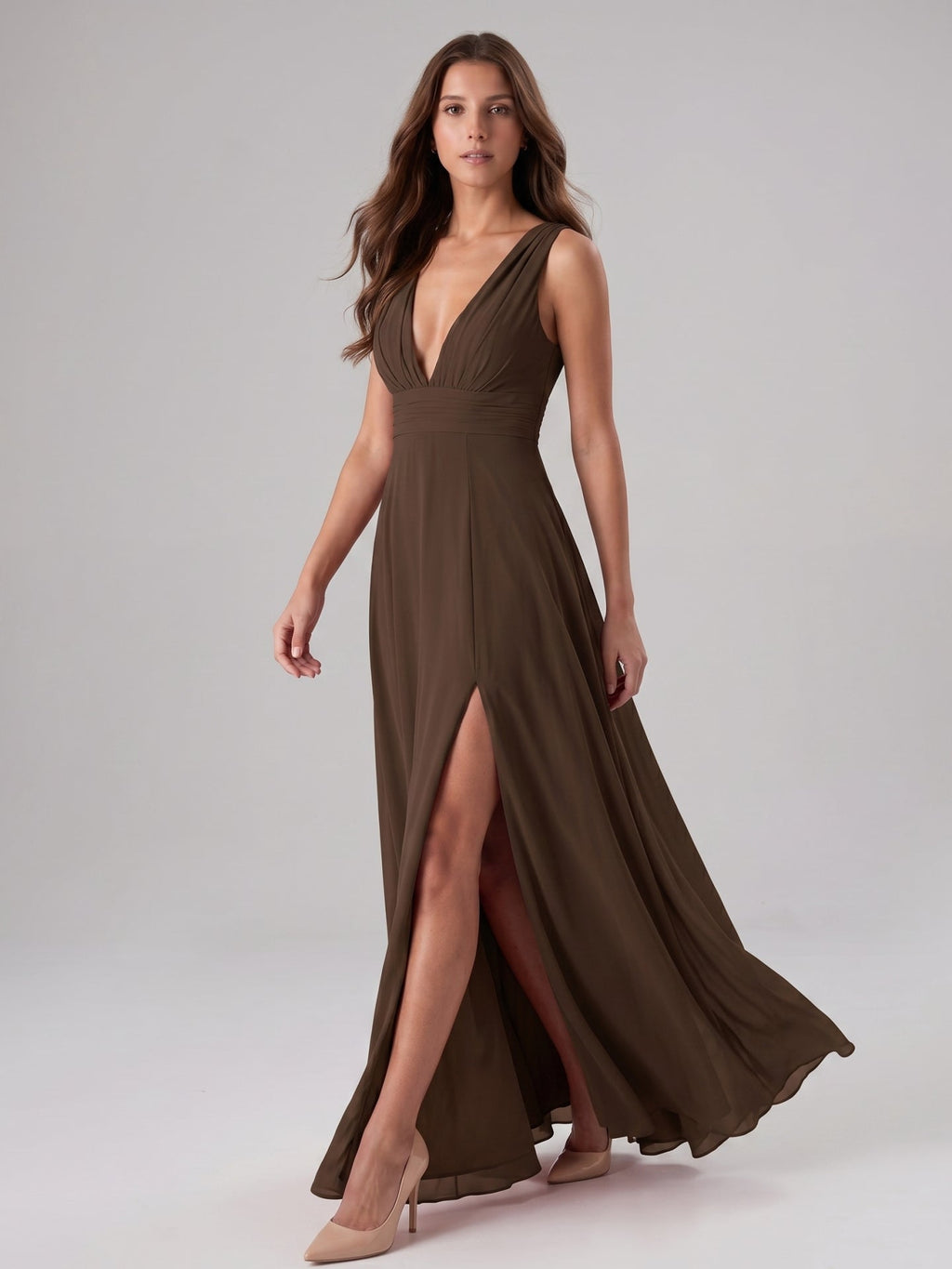 Mocha Chiffon A-Line V-Neck V-Back Floor-Length Pleated Bridesmaid Dress - Curvevia