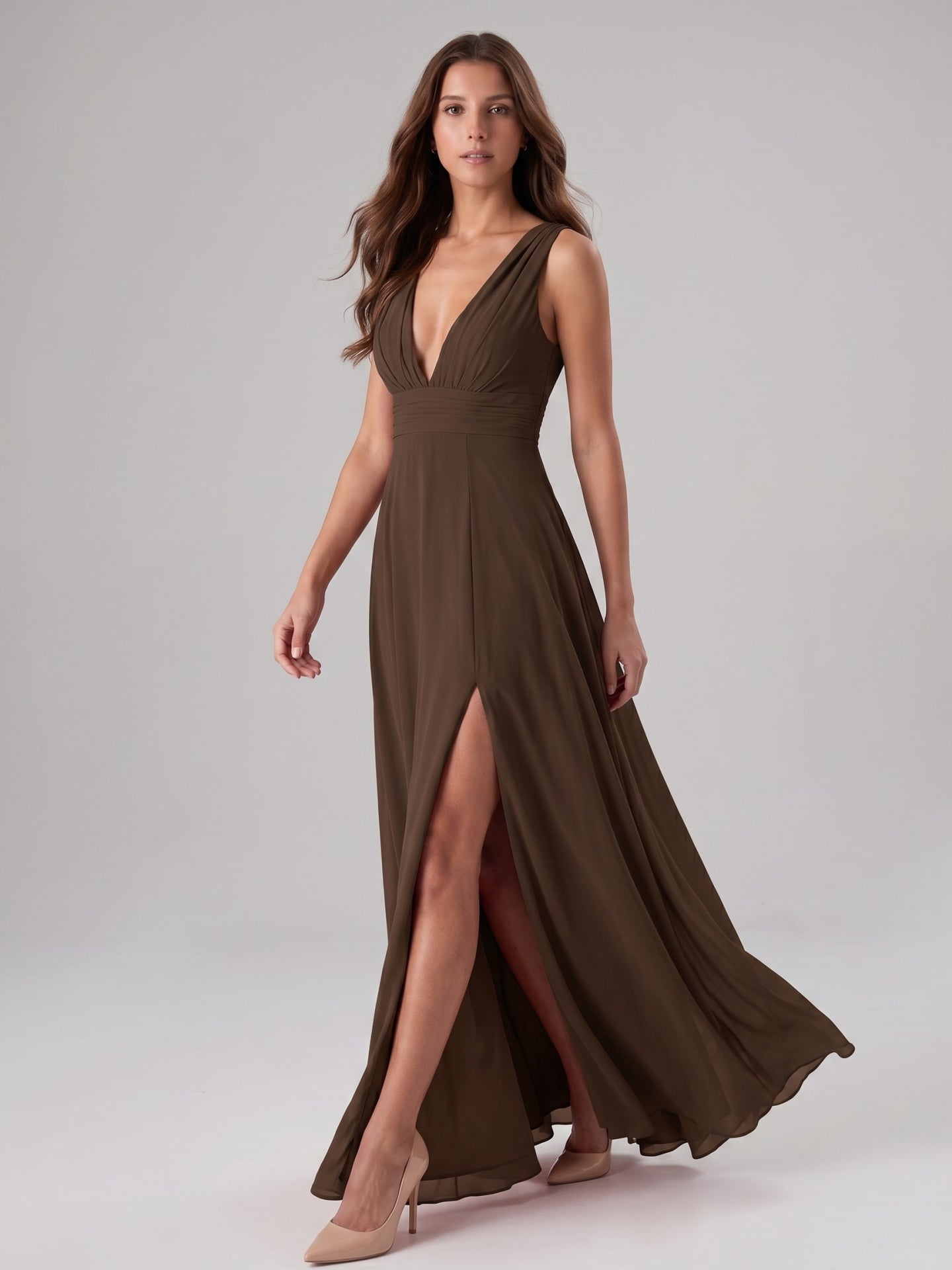 Mocha Chiffon A-Line V-Neck V-Back Floor-Length Pleated Bridesmaid Dress - Curvevia