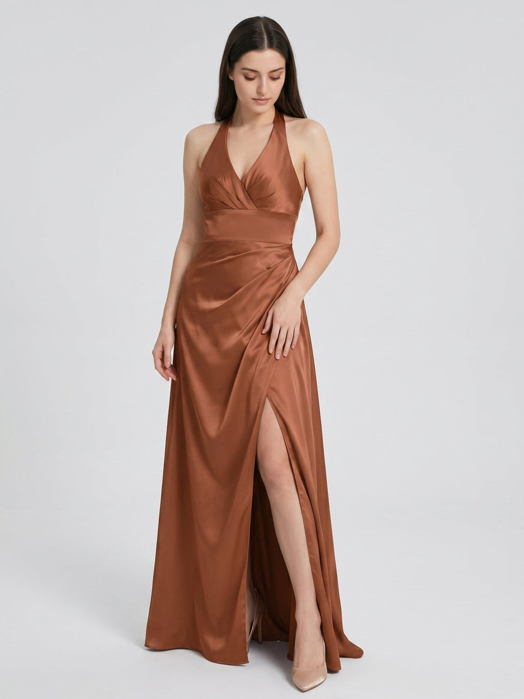 Terracotta Satin A-Line Halter Backless Floor-Length Pleated Bridesmaid Dress - Curvevia