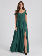 Peacock Chiffon A-Line V-Neck V-Back Floor-Length Pleated Bridesmaid Dress - Curvevia