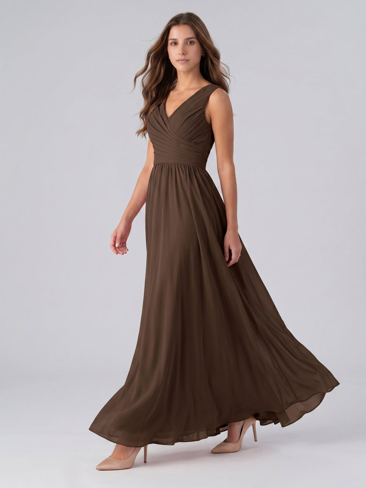 Mocha Chiffon A-Line V-Neck Back Zip Floor-Length Pleated Bridesmaid Dress - Curvevia