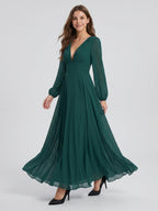 Peacock Chiffon A-Line V-Neck V-Back Floor-Length Bridesmaid Dress - Curvevia
