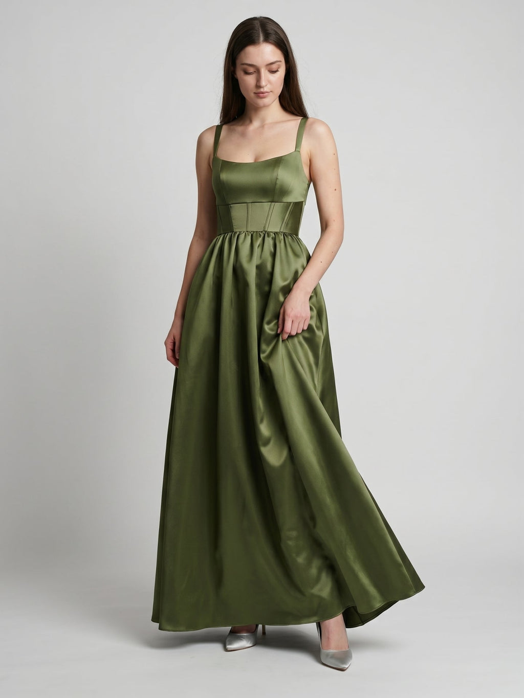 Olive Green Satin A-Line Scoop Neck Backless Floor-Length Bridesmaid Dress with Pockets - Curvevia