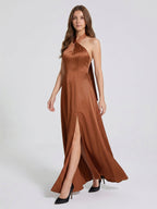 Terracotta Satin A-Line Halter Lace-Up Back Floor-Length Bridesmaid Dress with Bow - Curvevia
