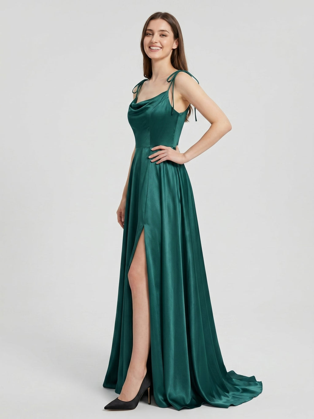 Peacock Satin A-Line Cowl Neck Backless Floor-Length Pleated Bridesmaid Dress - Curvevia