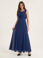 Simple Navy Blue Chiffon A-Line Scoop Neck V-Back with Bow Accent Ankle-Length Bridesmaid Dress - Curvevia