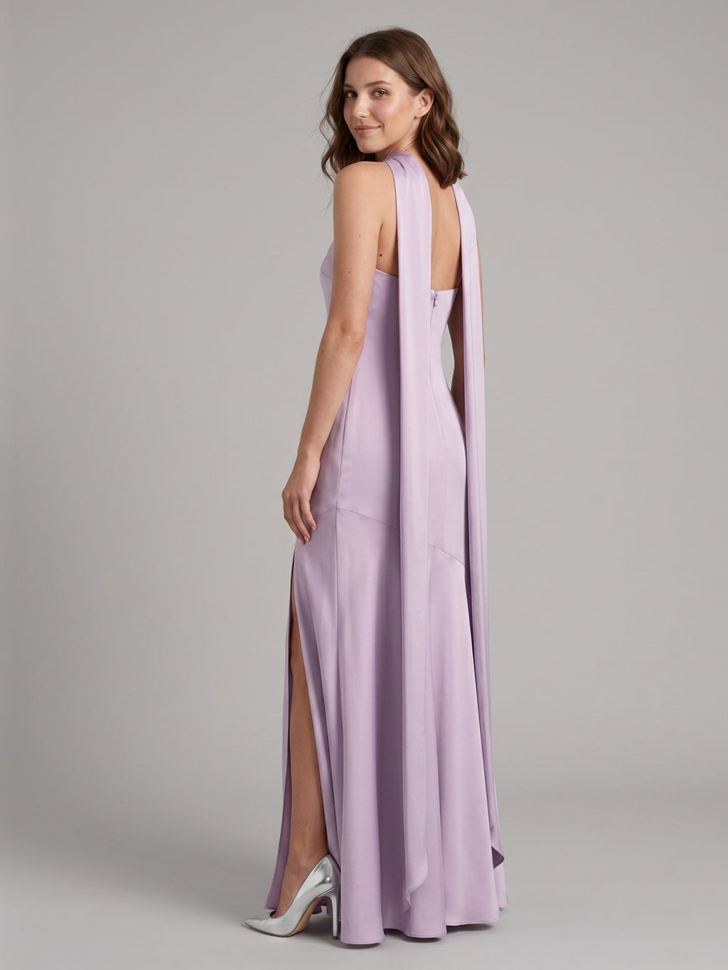 Elegant Lavender Matte Satin Sheath Halter neckline Back Zip Ankle-Length Bridesmaid Dress - Curvevia
