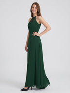 Forest Green Chiffon A-Line Halter Back Zip Floor-Length Bridesmaid Dress - Curvevia