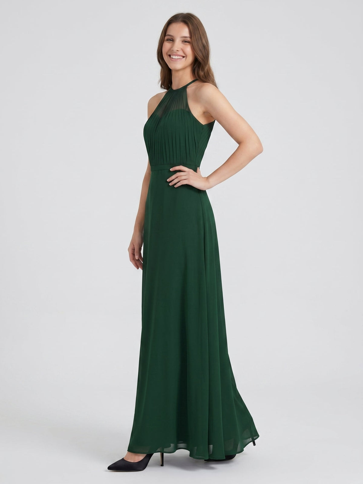 Forest Green Chiffon A-Line Halter Back Zip Floor-Length Bridesmaid Dress - Curvevia