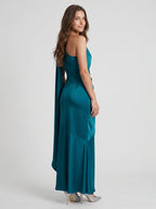 Elegant Teal Satin column One Shoulder Backless Ankle-Length Bridesmaid Dress - Curvevia
