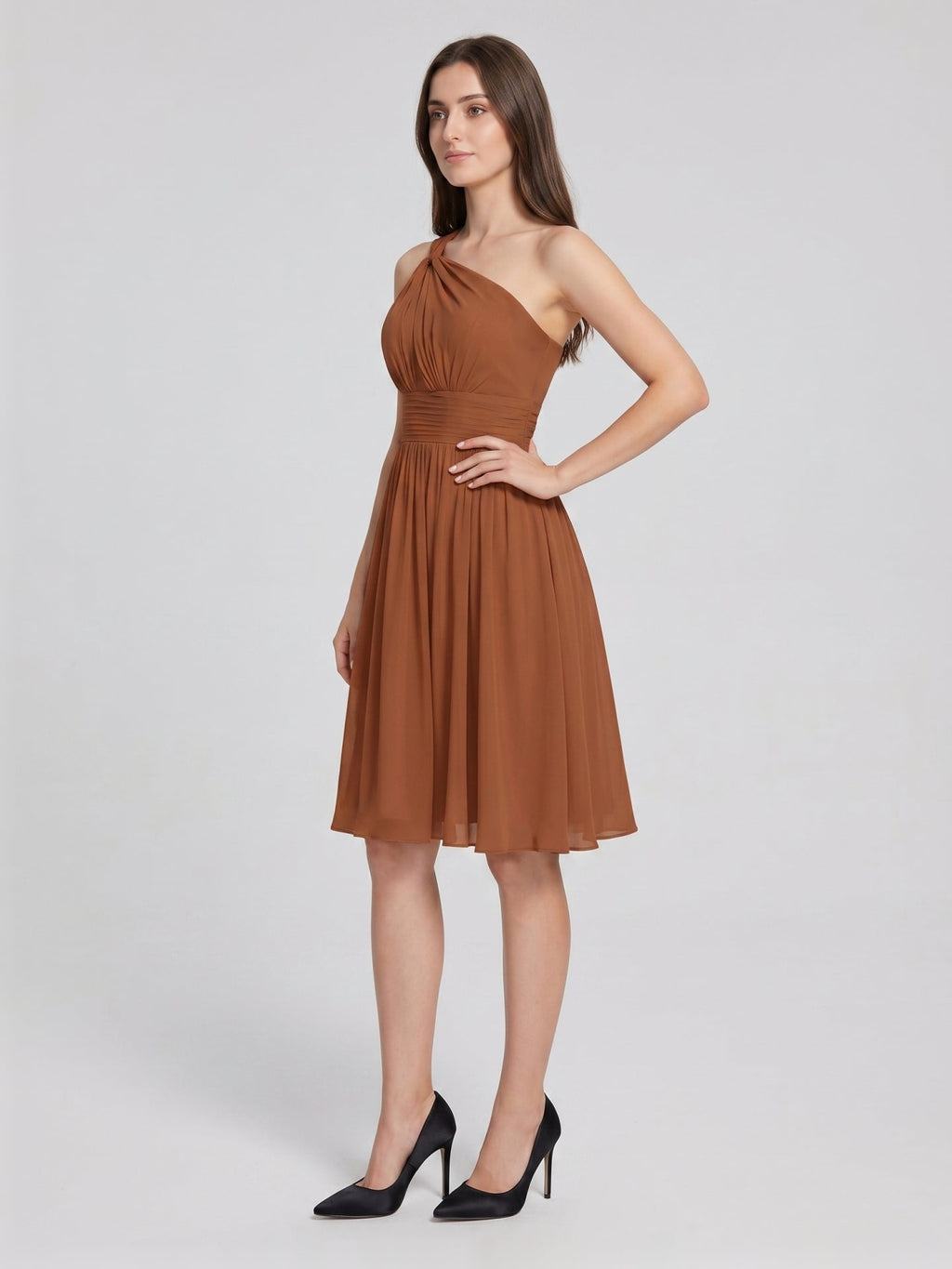 Terracotta Chiffon A-Line One Shoulder Backless Knee-Length Pleated Bridesmaid Dress - Curvevia