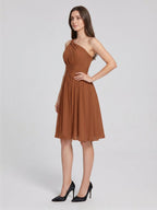 Terracotta Chiffon A-Line One Shoulder Backless Knee-Length Pleated Bridesmaid Dress - Curvevia