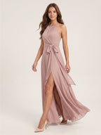 Coquette Dusty Rose Chiffon A-Line Halter neckline Back Zip Ankle-Length Bridesmaid Dress - Curvevia