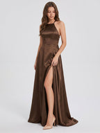 Mocha Satin A-Line Halter Criss-Cross Back Floor-Length Bridesmaid Dress - Curvevia