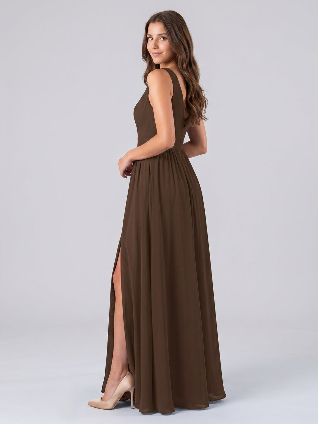 Mocha Chiffon A-Line V-Neck Backless Floor-Length Pleated Bridesmaid Dress - Curvevia