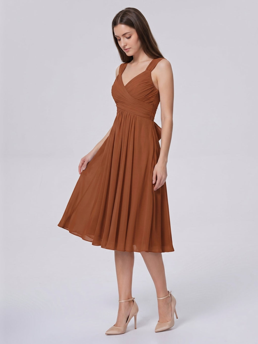 Terracotta Chiffon A-Line V-Neck Backless Knee-Length Bridesmaid Dress with Bow - Curvevia