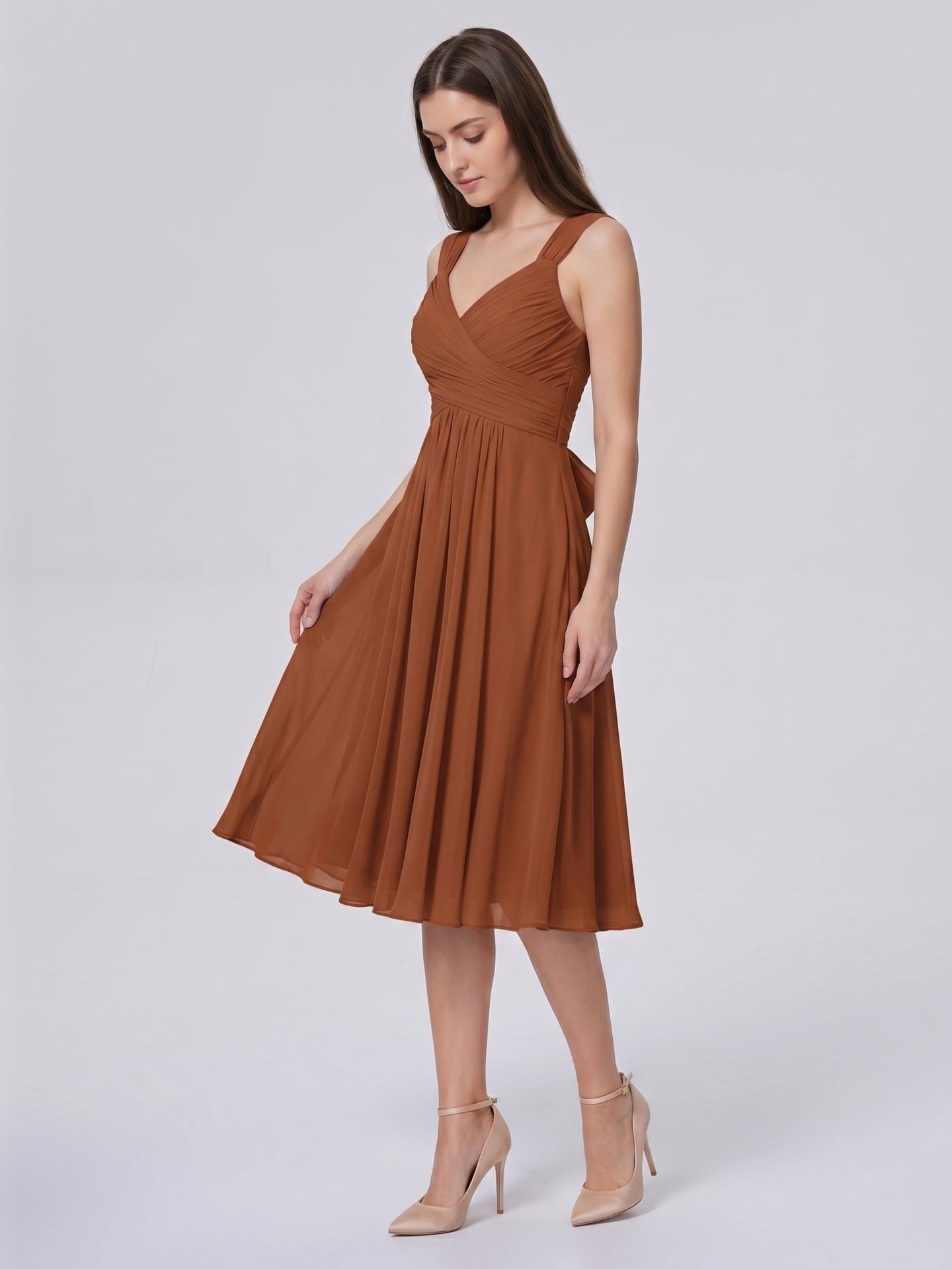 Terracotta Chiffon A-Line V-Neck Backless Knee-Length Bridesmaid Dress with Bow - Curvevia