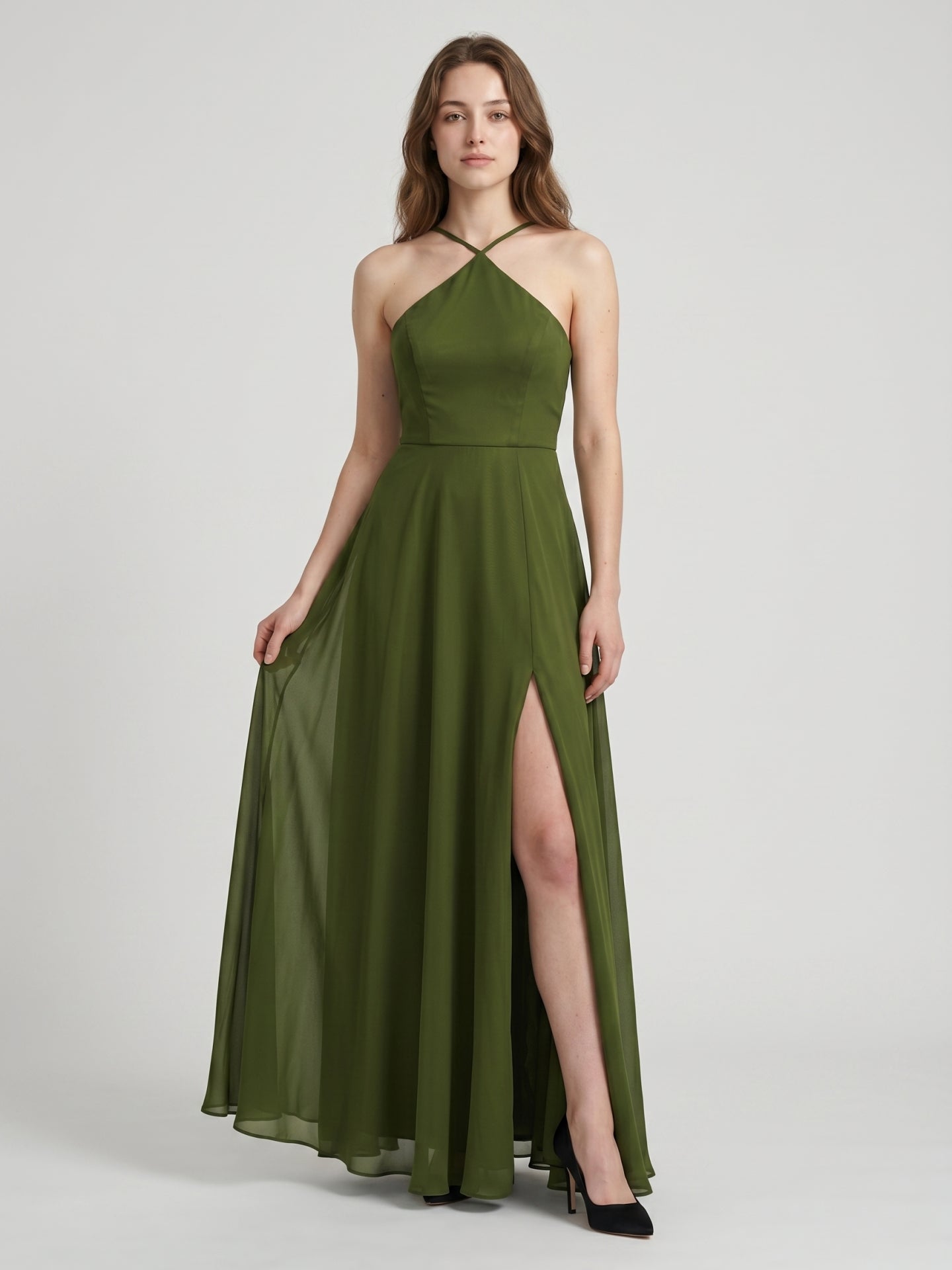 Olive Green Chiffon A-Line Halter Back Zip Floor-Length Bridesmaid Dress - Curvevia