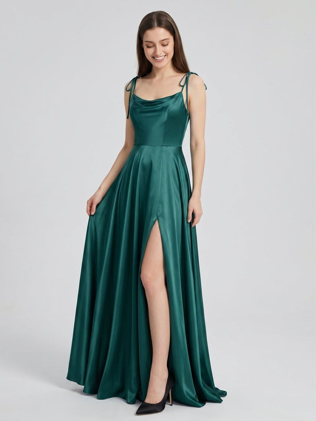 Peacock Satin A-Line Cowl Neck Backless Floor-Length Pleated Bridesmaid Dress - Curvevia