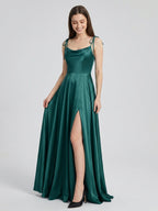 Peacock Satin A-Line Cowl Neck Backless Floor-Length Pleated Bridesmaid Dress - Curvevia