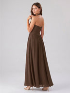Mocha Chiffon A-Line Halter Backless Floor-Length Pleated Bridesmaid Dress - Curvevia