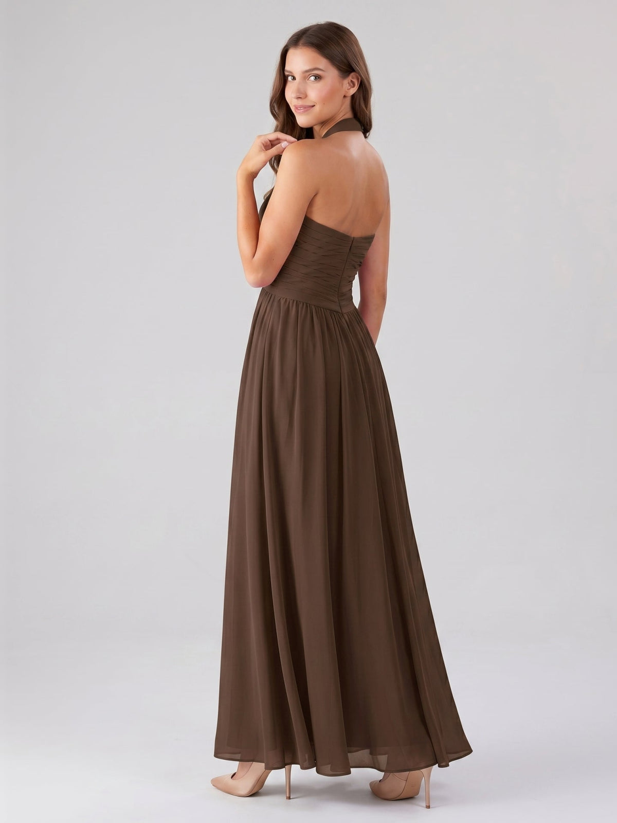 Mocha Chiffon A-Line Halter Backless Floor-Length Pleated Bridesmaid Dress - Curvevia
