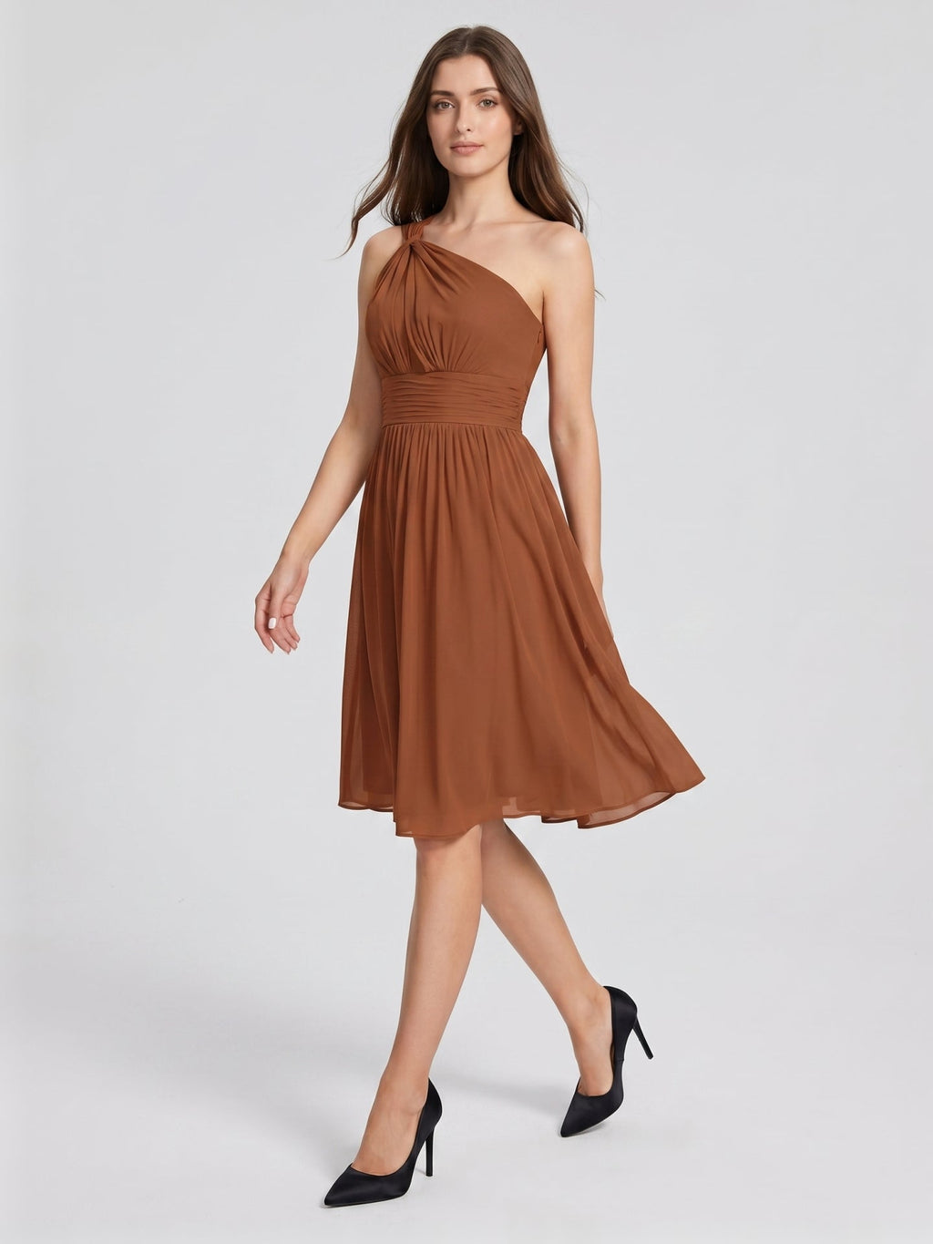 Terracotta Chiffon A-Line One Shoulder Backless Knee-Length Pleated Bridesmaid Dress - Curvevia