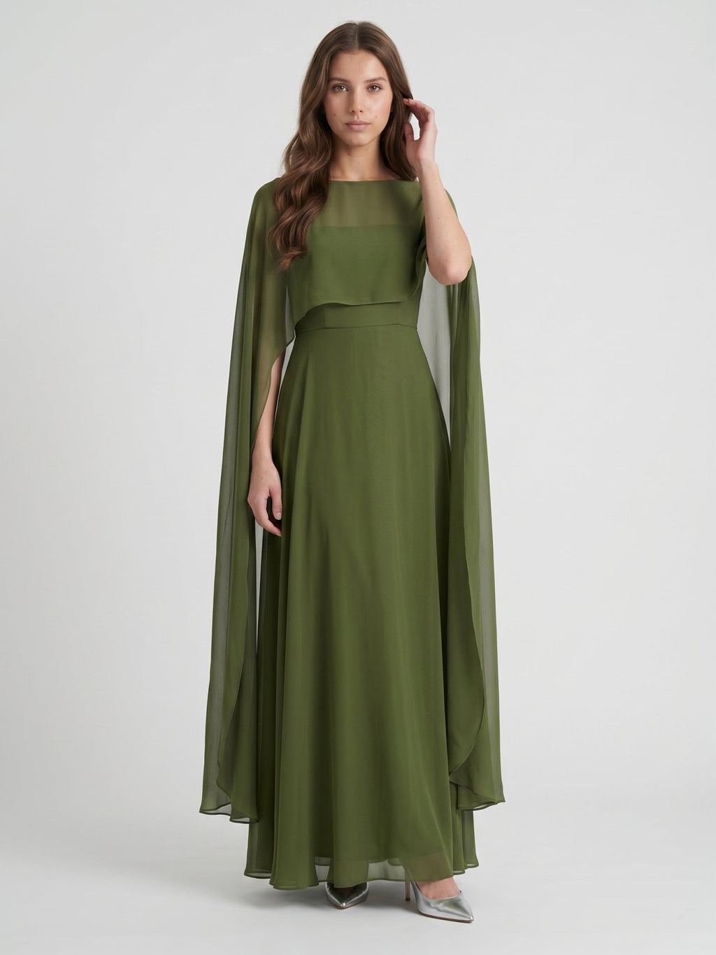 Olive Green Chiffon A-Line Straight Neck Illusion Back Floor-Length Bridesmaid Dress with Cape - Curvevia