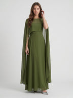Olive Green Chiffon A-Line Straight Neck Illusion Back Floor-Length Bridesmaid Dress with Cape - Curvevia