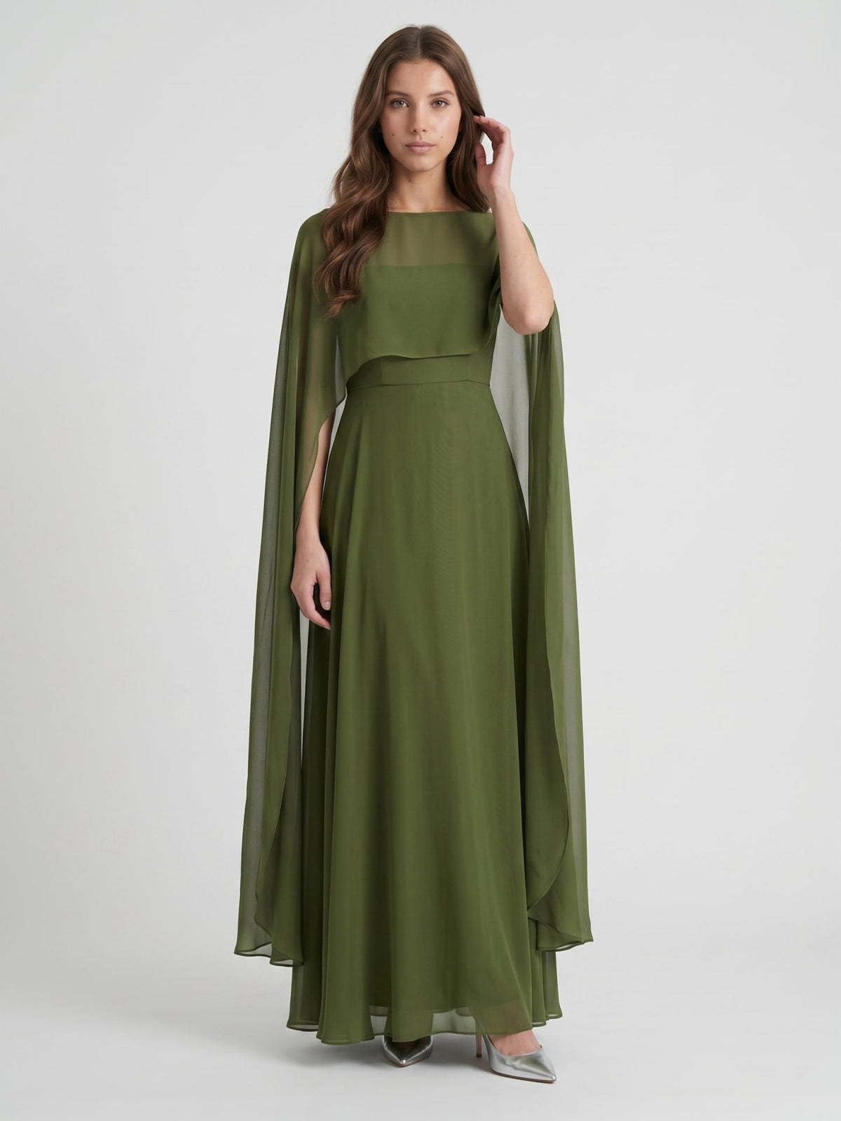 Olive Green Chiffon A-Line Straight Neck Illusion Back Floor-Length Bridesmaid Dress with Cape - Curvevia